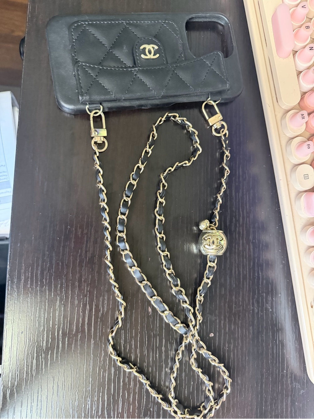 CHANEL inspired Quilted Phone Case with Gold Chain Strap and CC Charm
